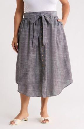 Renee C Stripe Linen Blend Curve Hem Midi Skirt in Black at Nordstrom Rack, Size 2X