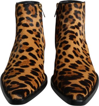 Dolce & Gabbana Brown Leopard Calf Fur Ankle Boots Womens Shoes