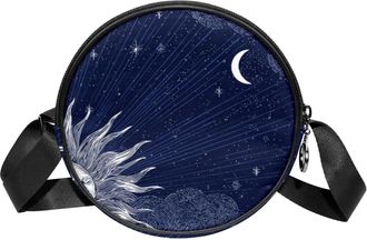 Generic Circle Crossbody Bag for Women, Sun Moon and Stars Small Sling Bag Daypack with Zipper Adjustable Shoulder Straps Casual Ladies Girls Round Purse