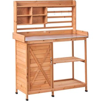 Beliani Banco De Jardiner&iacute;a Moderno Con Almacenaje 113 X 46 X 148 Cm Encimera De Hierro Muebles De Jard&iacute;n Madera De Abeto Marr&oacute;n Claro Meldola