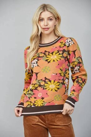 Fate Floral Jacquard Knit Puff Sleeve Sweater In Choco Brown Multi