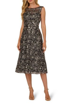 Adrianna Papell Floral Embroidery Cocktail Midi Dress in Black/Ivory at Nordstrom, Size 12
