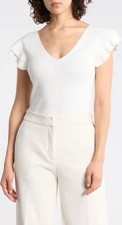 T Tahari Ruffle Sleeve Fitted Sweater in White at Nordstrom Rack, Size X-Small