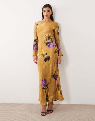 Asos vestito lungo con schiena scoperta, maniche svasate e jacquard stampato-Multicolore