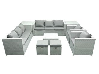 Fimous Outdoor Rattan Sofa Garden Furniture Set with 2 Armchairs Square Coffee Table 2 Small Footstools 2 Side Tables Light Grey Mixed