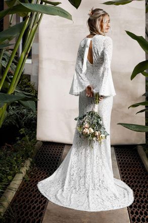 Oasis Womens Flare Sleeve Boho Stretch Lace Fishtail Wedding Dress - White - Size 14 UK