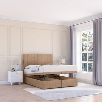 Sloomy Kansas Naples Fabric Ottoman Bed End Opening With Sprung Memory Mattress & 26 Inch strut Headboard in Light Sand | Size: Small Single