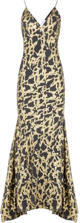 Nina Ricci Kleedjes, Dames, Geel, XL, Polyester, Lange Goudkleurige Zijden Jurk met Marmerprint