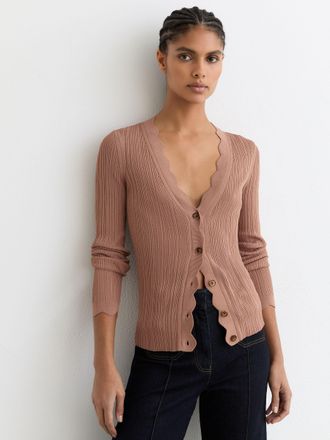 Reiss Pink Rib-knit Scallop-trim Cardigan, XS