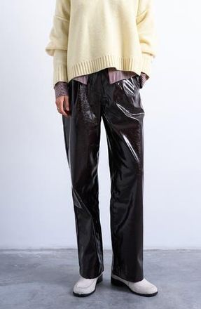 Topshop Pleat Front Straight Leg Faux Leather Pants in Brown at Nordstrom Rack, Size 12 Us (Fits Like 14) Uk