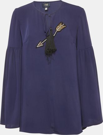 Roberto Cavalli Navy Blue Chiffon Embellished Lace Up Top