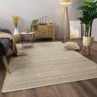Paco Home Paco Home - Alfombra Salon De Habitacion Pelo Corto Motivo Boho Chic Motivo Nordica Flecos 240x340 Cm, Crema