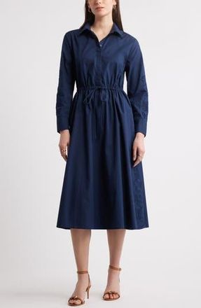 Caslon Eyelet Detail Long Sleeve Cotton Shirtdress in Navy Blazer at Nordstrom Rack, Size Large