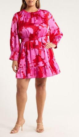 Sugarlips Burning Love Floral Print Long Sleeve Minidress in Cherry-Pink at Nordstrom, Size 2X