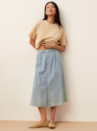 Icone Womens Iridescent buttons lightweight denim midi skirt