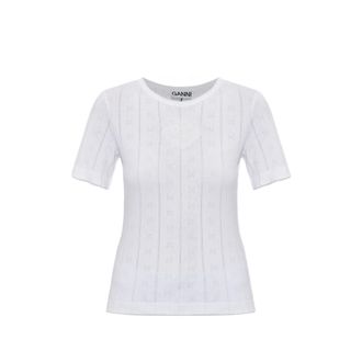 Ganni Pointelle-knit Logo-patch T-shirt