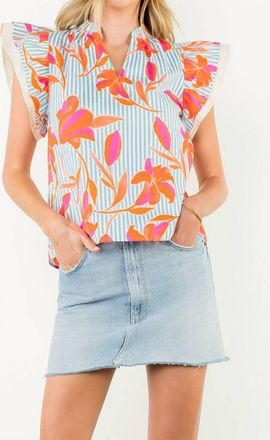 THML Clothing Flutter Sleeve Striped Flower Top In Lite Blue