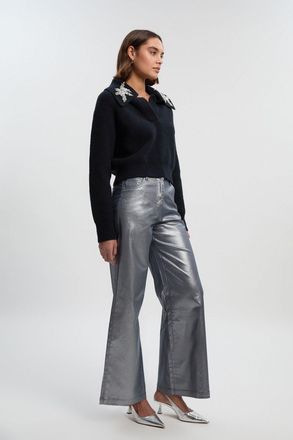 Karen Millen Womens Petite Metallic Coated Denim Wide Leg Jean - Silver Cotton - Size 14 UK