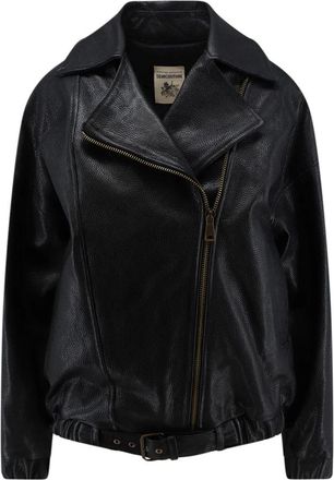 Semicouture Jassen, Dames, Zwart, L, Leer, Oversized leren jack met textuur