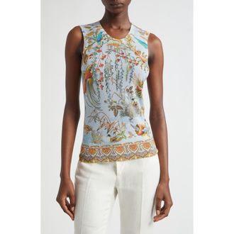 Etro Flora & Fauna Silk & Cashmere Sweater Tank in Multicolour On Pale Blue Base at Nordstrom, Size 12 Us