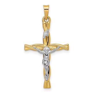 Diamond2Deal 14k Two-tone Gold Polished Hollow INRI Crucifix Twisted Cross Pendant