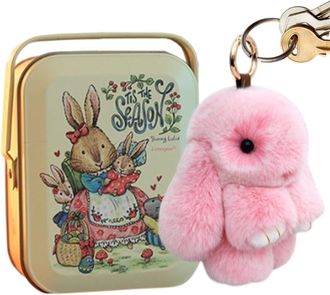 Generic Bunny Plush Keyring in a Tin Box, 5.9 inch Handmade Keychains Pendant with Ring, Rabbit Pendant Keychain With Exquisite Box, Gift for Family Friends