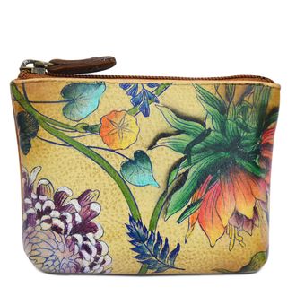 Anuschka Womens Small Leather Coin Pouch Genuine Soft Leather, Hand-painted Original Art, 4 inchesx0.5 inchesx3 inches, Caribbean Garden