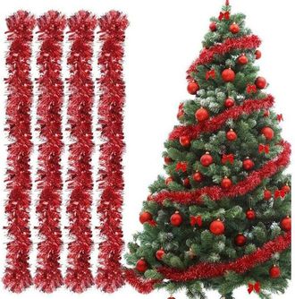 Elle Ghirlanda Natalizia A 4 Pezzi - Lunghezza 2 M - Rosso Metallizzato Scintillante Per Decorare Alberi Di Natale, Pareti E Finestre - Natale, Compleanni 