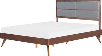 Beliani Beliani - Cama De 160 X 200 Cm Con Somier Cabecero Alto Tapizado En Tela Madera De Fresno Oscuro Gris Poissy