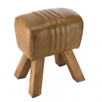 Macabane Taburete acolchado de cuero marr&oacute;n y patas de madera de mango