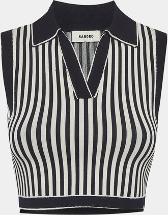Sandro Blue/white Striped Collared Crop Top