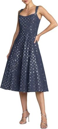 Mac Duggal Sleeveless Sequin Denim Midi Dress in Blue at Nordstrom, Size 12
