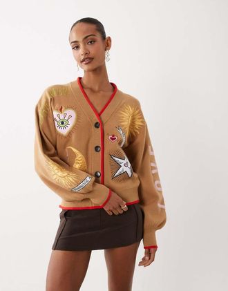 Never Fully Dressed Mystical - Cardigan color cammello ricamato con bordi a contrasto-Neutro