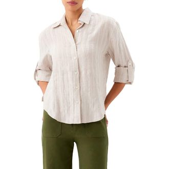 Karen Kane Stripe Linen Button-Up Shirt in Oatmeal at Nordstrom, Size X-Small