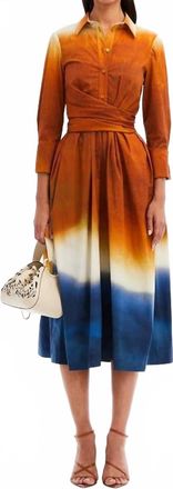 Oscar De La Renta Long Sleeve Wrap-Detailed Abstract Ombre Poplin Dress In Canyon/navy