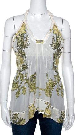 Roberto Cavalli Cream Printed Silk Sheer Halter Top