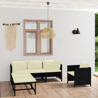 vidaXL Set De Muebles De Jard&iacute;n 6 Pzas Y Cojines Rat&aacute;n Sint&eacute;tico Negro Vidaxl