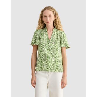 Hobbs London Tania Short Sleeve V-Neck Printed Blouse in Green Ivory at Nordstrom, Size 14