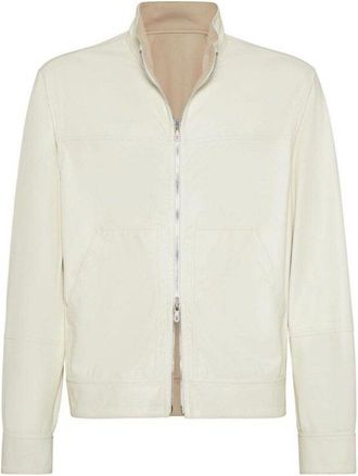 Brunello Cucinelli Ivory Leather Zip Jacket, Size X-Large