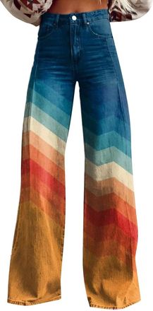 Generic Ladies Vintage Floral Printed Patterned Wide Leg Jeans Plus Size High Waist Stretchy Trousers Denim Fashion Casual Streetwear Y2k Hip Hop Baggy Jeans 