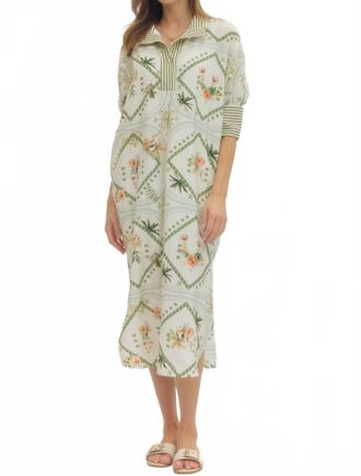 Entro Scarf Print Three Quarter Sleeve Midi Dress In Green