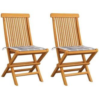 vidaXL Vidaxl - Sillas De Jard&iacute;n 2 Uds Madera Teca Con Cojines A Cuadros Gris