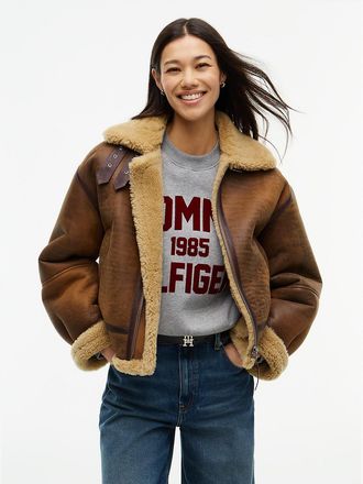 Tommy Hilfiger Womens Shearling Leather Aviator Coat - Natural Cognac - M