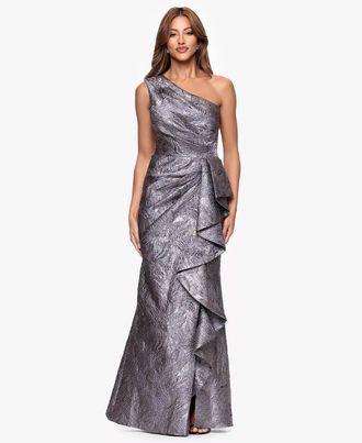 Xscape One Shoulder Ruffle Floor Length Jacquard Dress In Grey