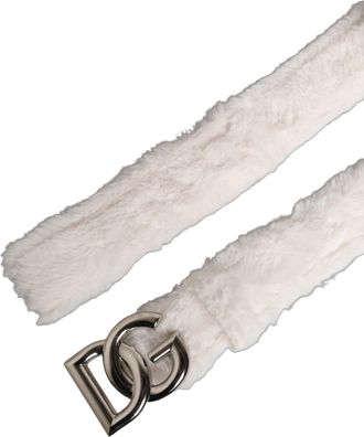 Dolce & Gabbana Womens White Fleece Silver Dg Logo Metal Buckle Belt Polyester