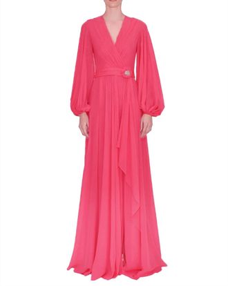 Reem Acra V-Neck Long Sleeve Gown In Fuschia