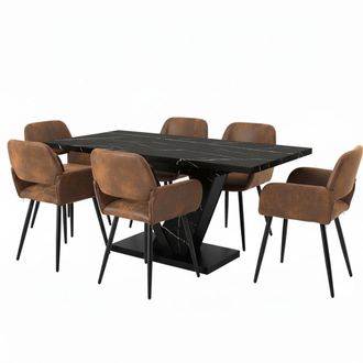 Urban Meuble Mesa de comedor con efecto m&aacute;rmol negro y 6 sillas marrones