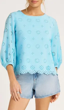 Matty M Kashira Eyelet Puff Sleeve Top in Sky at Nordstrom, Size X-Large