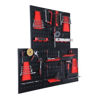 Relaxdays Relaxdays Paneles Perforados Para Herramientas, 5 Unidades, 48 Accesorios, 60 X 40 Cm, Metal, Taller, Negro/rojo
