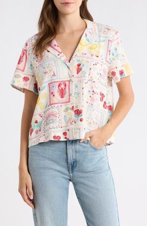 Lucky Brand Post Card Print Linen Blend Camp Shirt in Multi Postcard at Nordstrom, Size Xx-Large